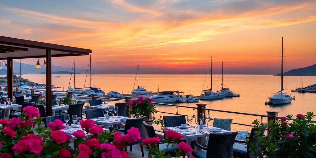 Outdoor dining at Marina Restaurant Bodrum by the sea.