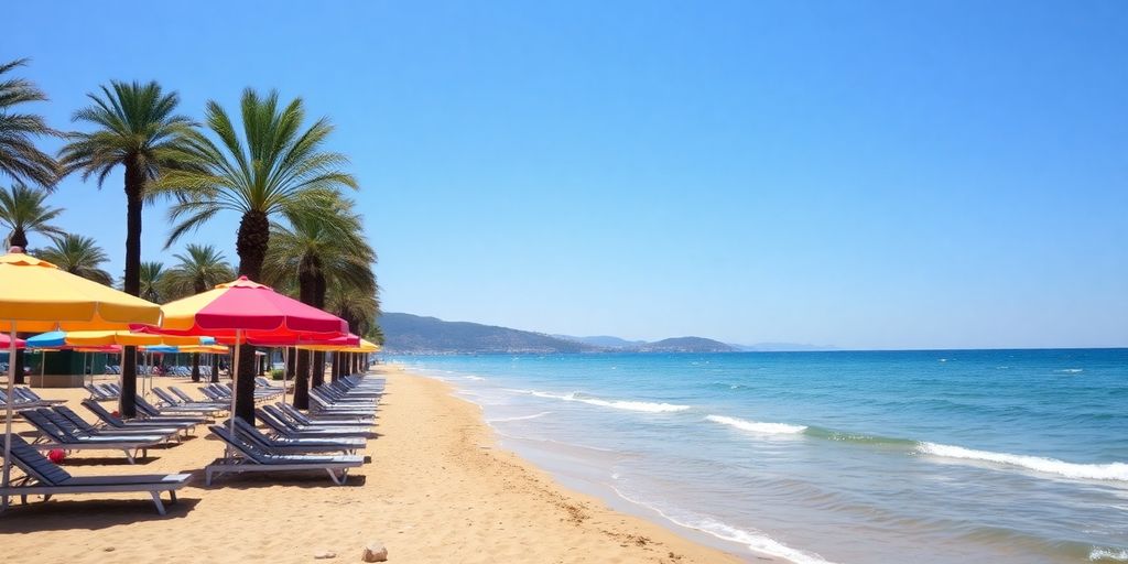 Relaxing beach scene in Bodrum with sun loungers and palms.