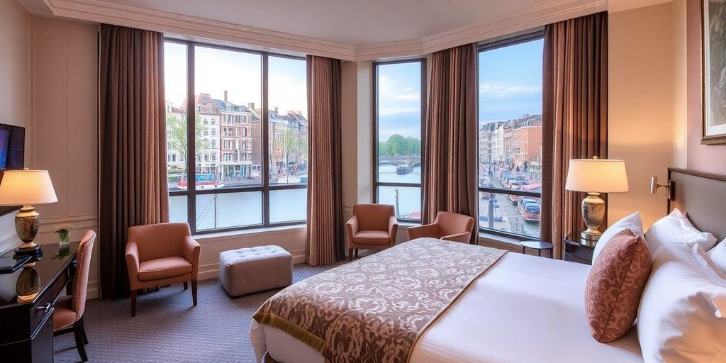 Luxurious hotel room with canal view in Amsterdam.