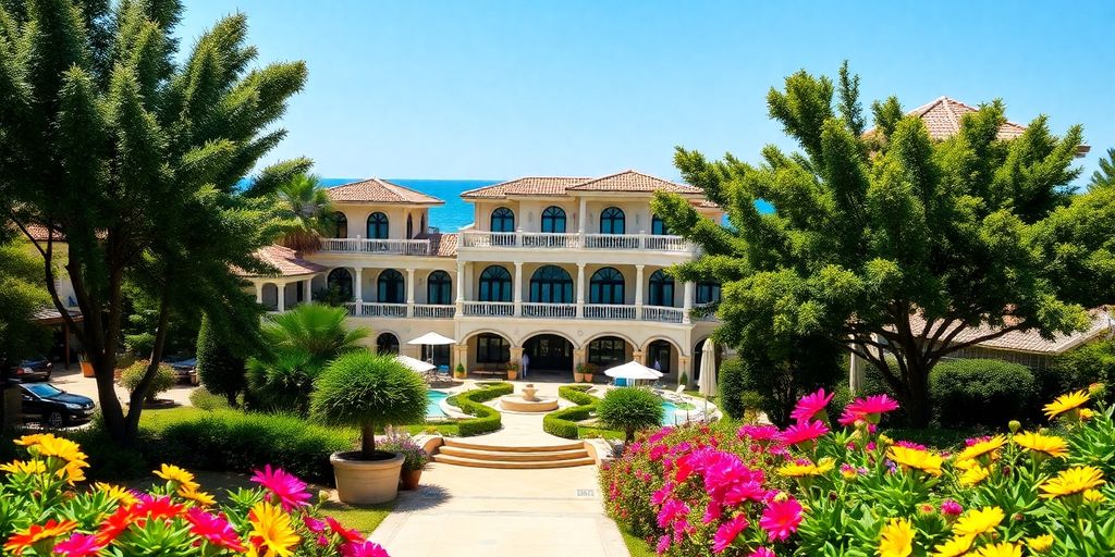 Luxurious Turkish hotel with sea and greenery view.