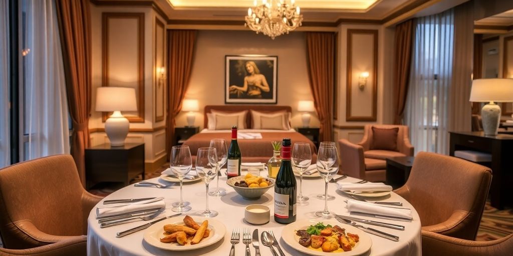 Luxurious hotel room with gourmet dining setup.