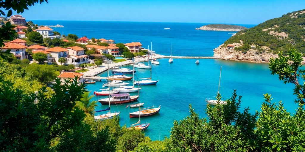 Scenic view of Yalikavak's coastline with boats.