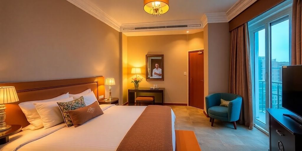 Charming boutique hotel room with elegant decor and lighting.