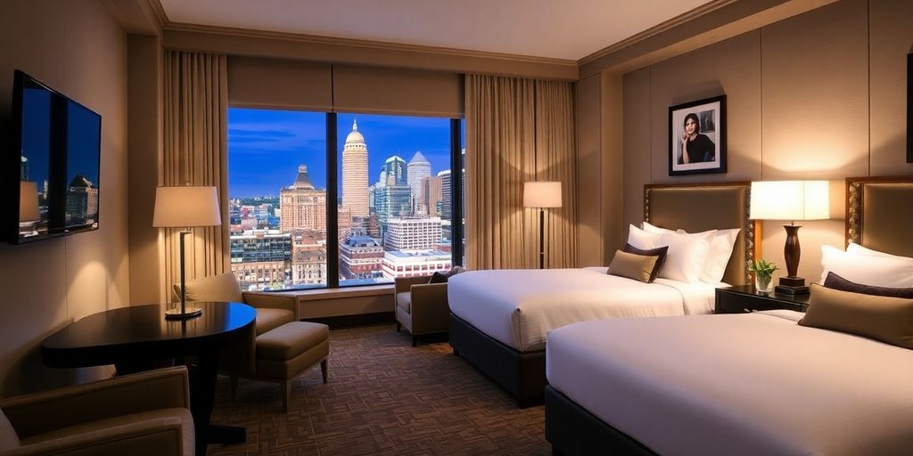 Luxurious hotel room with plush furnishings and skyline view.