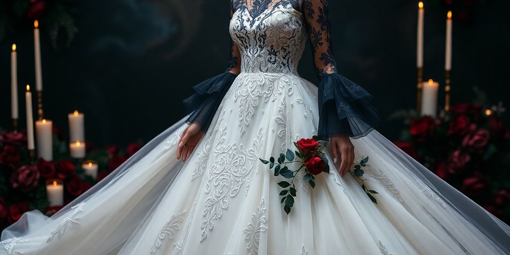 Gothic wedding dress with lace and dark florals.