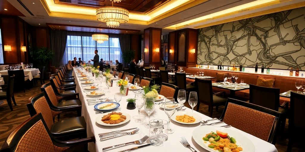 Elegant table setting with gourmet dishes in hotel restaurant.