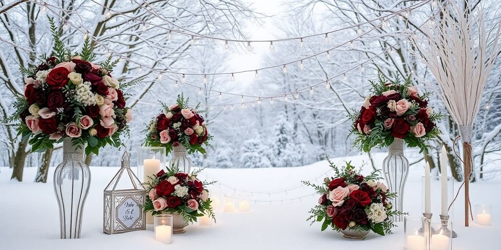 Winter wedding decor in rich jewel tones and snow.