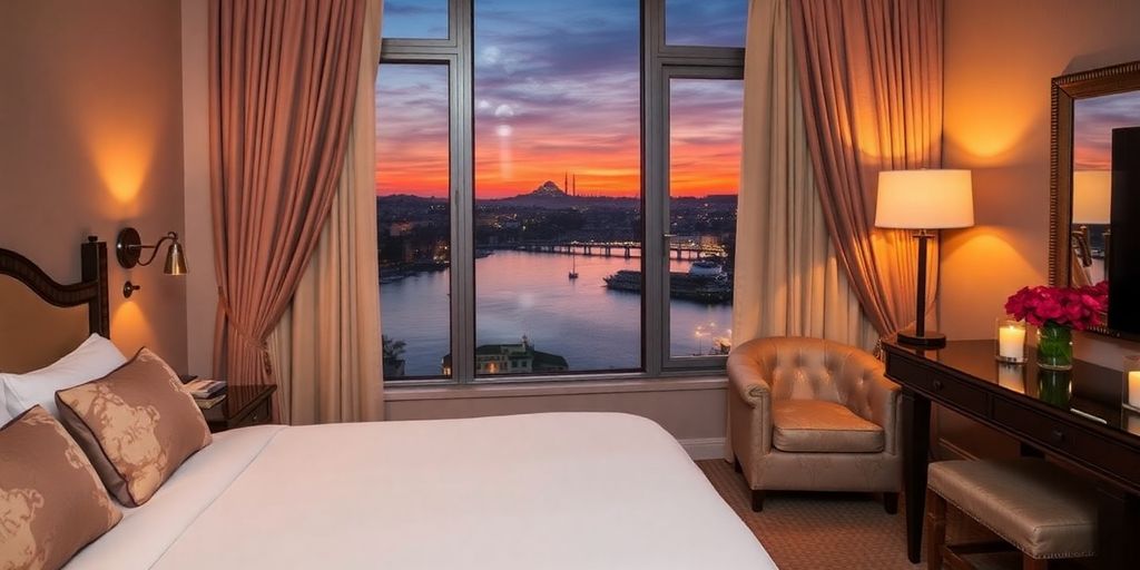 Cozy romantic hotel room with Istanbul skyline at sunset.