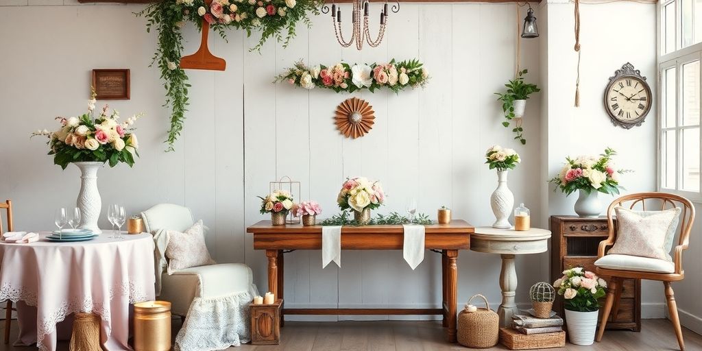 Vintage wedding decor with flowers and lace details.