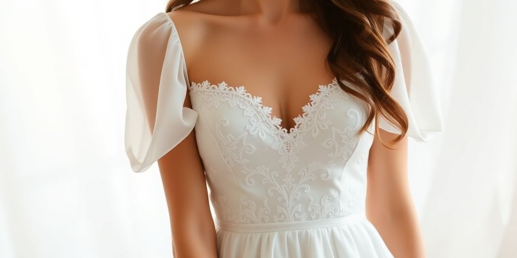 Elegant simple wedding dress with sleeves on display.