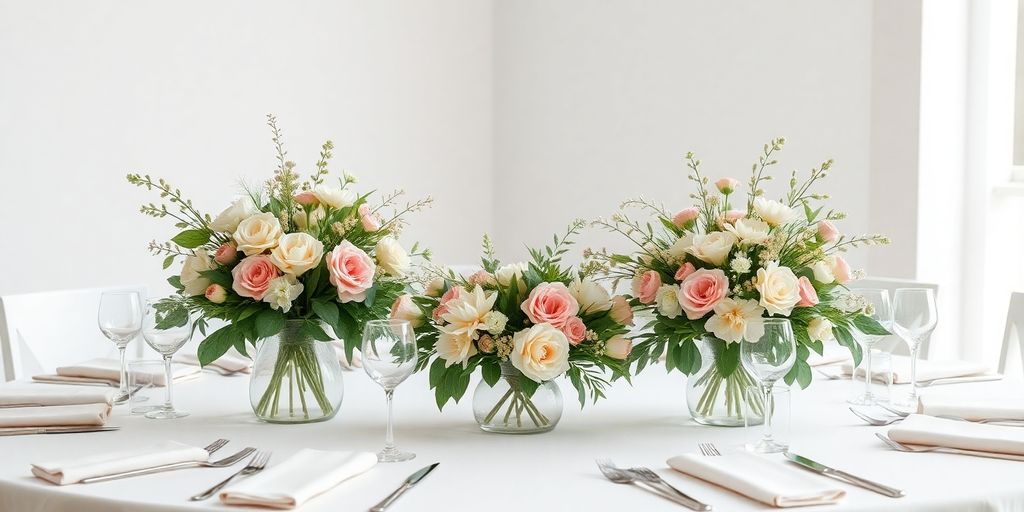 Minimalist wedding table decor with elegant floral arrangements.