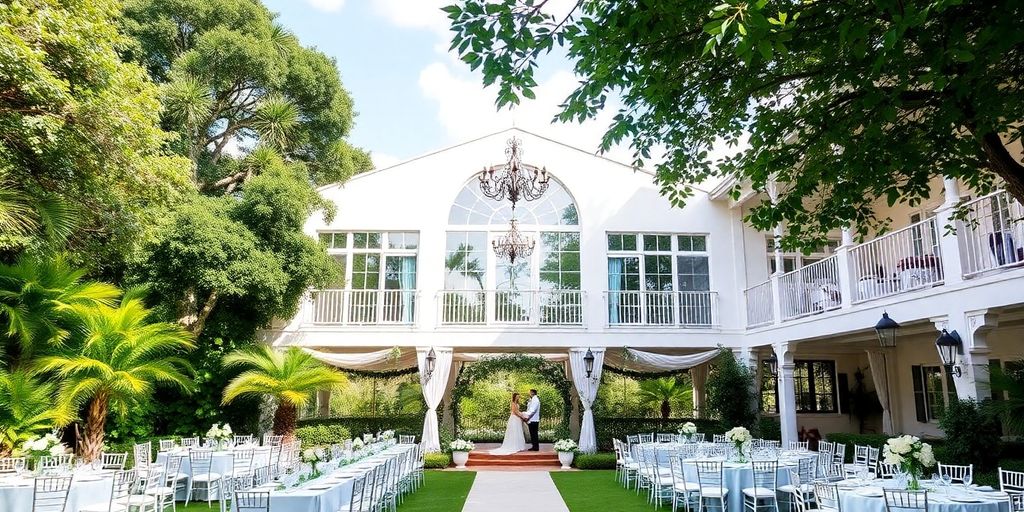 Beautiful wedding venue with greenery and elegant decor.
