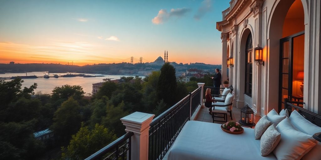 Romantic hotel in Istanbul with a sunset backdrop.