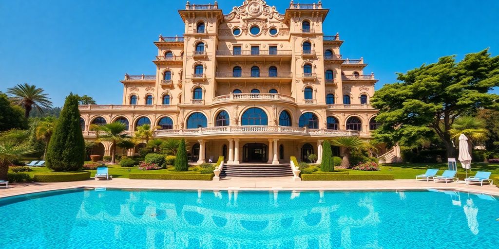 Luxurious Turkish hotel with beautiful architecture and pool.