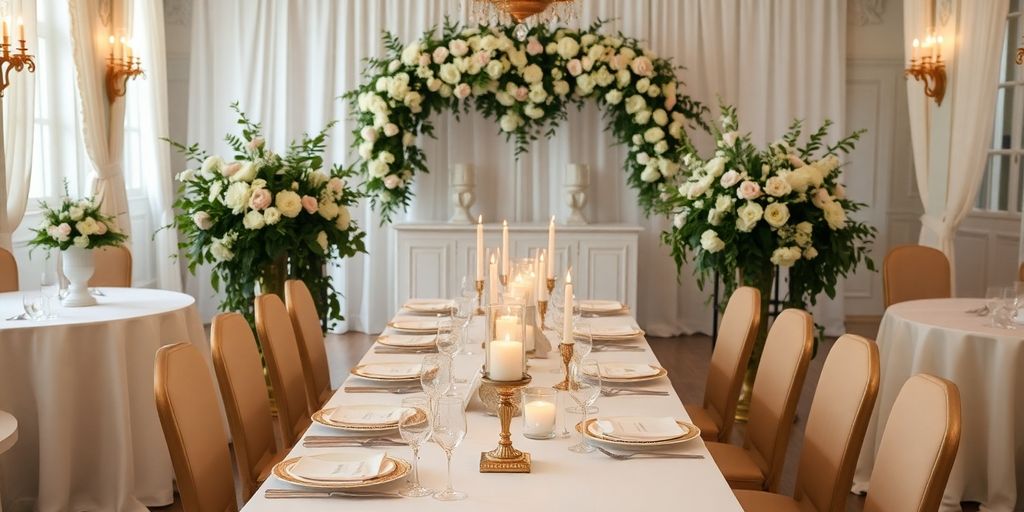 Elegant wedding table with flowers and candles.