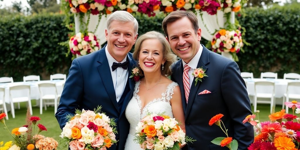 Happy couple celebrating second wedding outdoors with flowers.