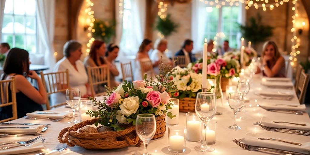Wedding reception table with DIY decor and fairy lights.