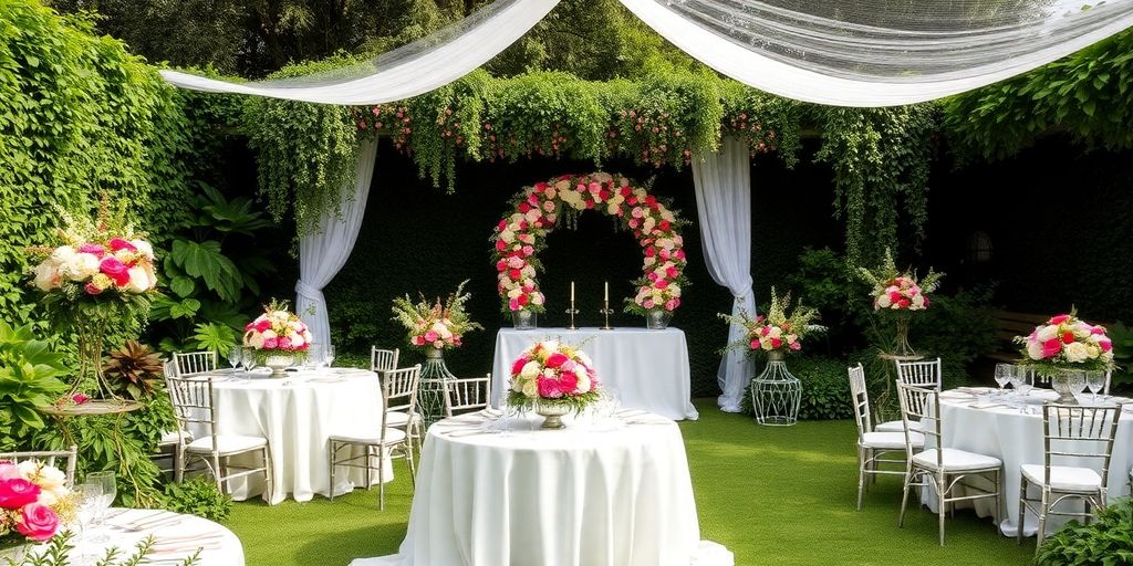 Lush garden with floral decorations for a wedding ceremony.