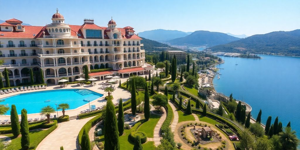 Luxurious hotel in Turkey with beautiful landscapes and gardens.