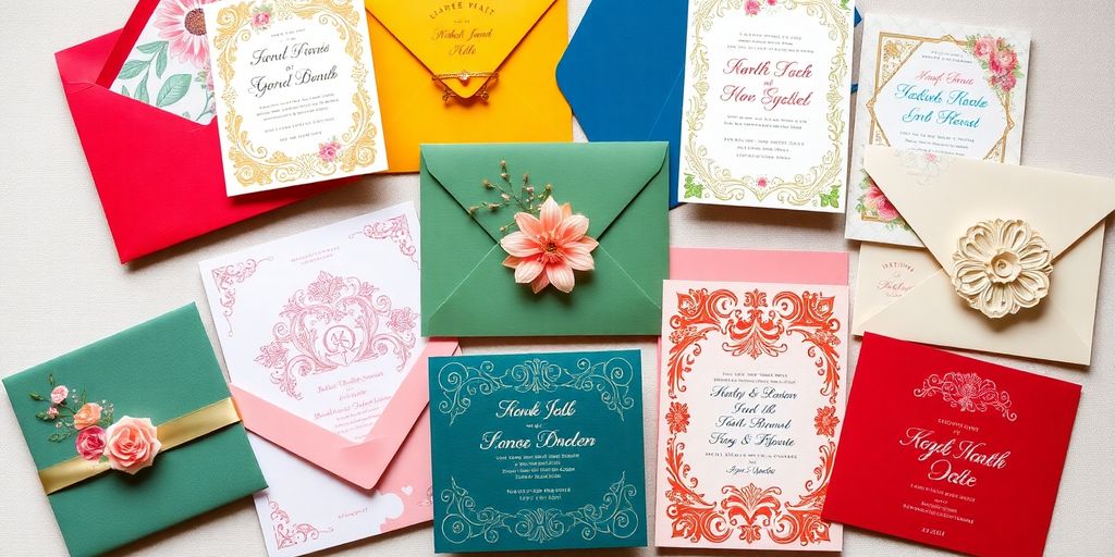 Colorful artistic wedding invitations in various unique designs.