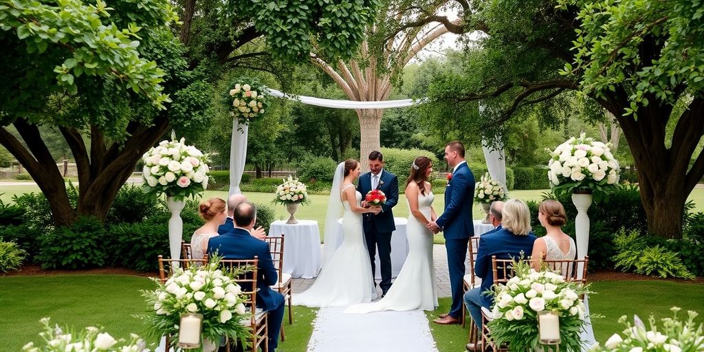 Couple exchanging vows in a beautiful Austin wedding venue.