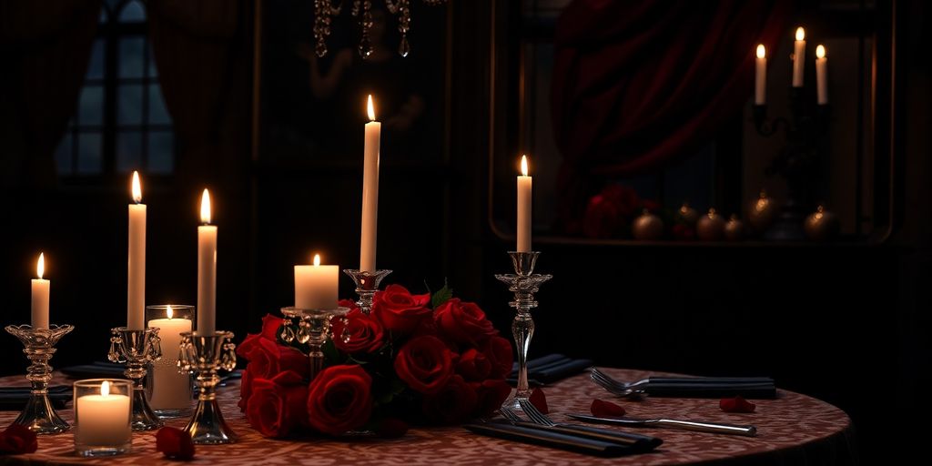Romantic dark wedding setup with roses and candlelight.