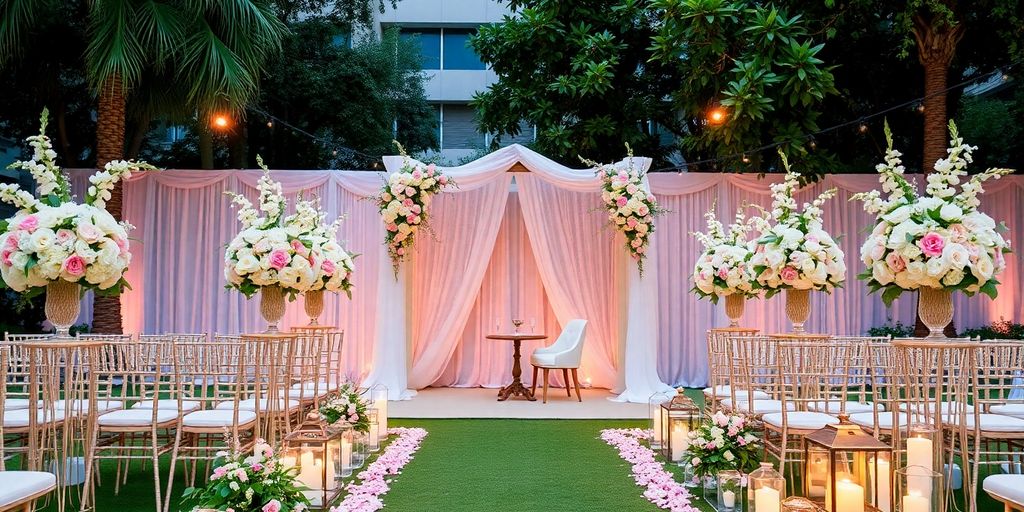 Outdoor wedding setup at Crystal Plaza with floral decor.