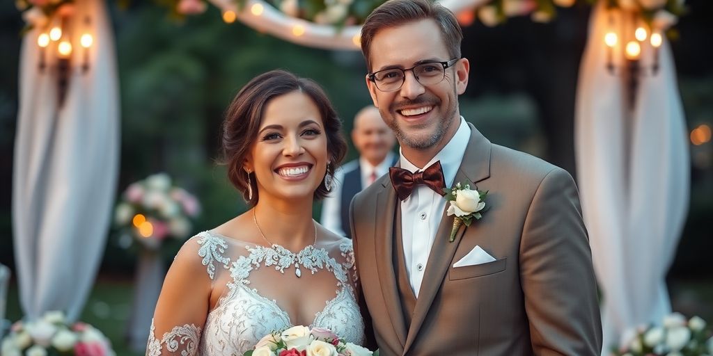 Couple celebrating their second wedding outdoors with flowers.