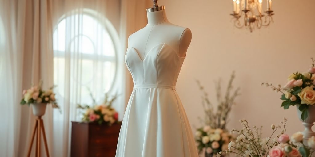 Elegant modest wedding dress on mannequin with floral decor.